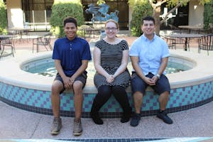 Michael&nbsp;Childs (candidate for&nbsp;Vice President of Services), left, Natasha Snider (candidate for President), center,&nbsp;and Frank Melgar (candidate for Vice President of Policy), right, who make up the Snider ticket, pose for a photo at ASU's west campus on March 20, 2017.&nbsp;