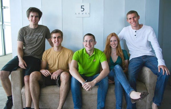 FIGHTING INFECTION: Tyler Liss, Corey Frahm, Ginger Whitesell, Tyler Eltringham and Geoffrey Prall are the officers of OneShot, Eltringham's organization that fights meningitis in Africa. (Photo by Lisa Bartoli)