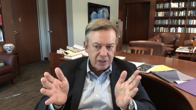ASU President Michael Crow speaks to The State Press reporters during a Zoom call on Wednesday, Dec. 2, 2020. Crow spoke about the University’s response to the COVID-19 pandemic and plans for the spring semester.