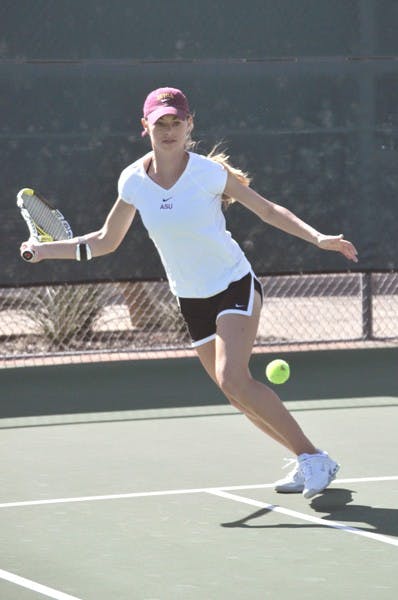 Still rolling: ASU senior Micaela Hein prepares to return a ball during a match against Pacific on Feb. 13. The Sun Devils’ away victory over Washington on Friday gave them their fifth win in a row. (Photo by Sierra Smith)