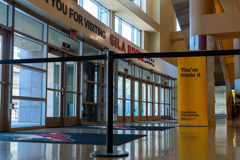 A sign that reads “You’ve made it” is pictured in the entrance of the Gila River Arena in Glendale on Tuesday, May 18, 2021. Gila River Arena is one of three vaccination sites that ASURE is partnered with.&nbsp;