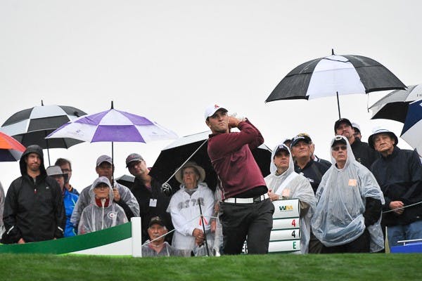 Junior Jon Rahm tees off at the 10th hole of the 2015 Waste Management Phoenix Open on Jan. 30, 2015. (Andrew Ybanez/The State Press)