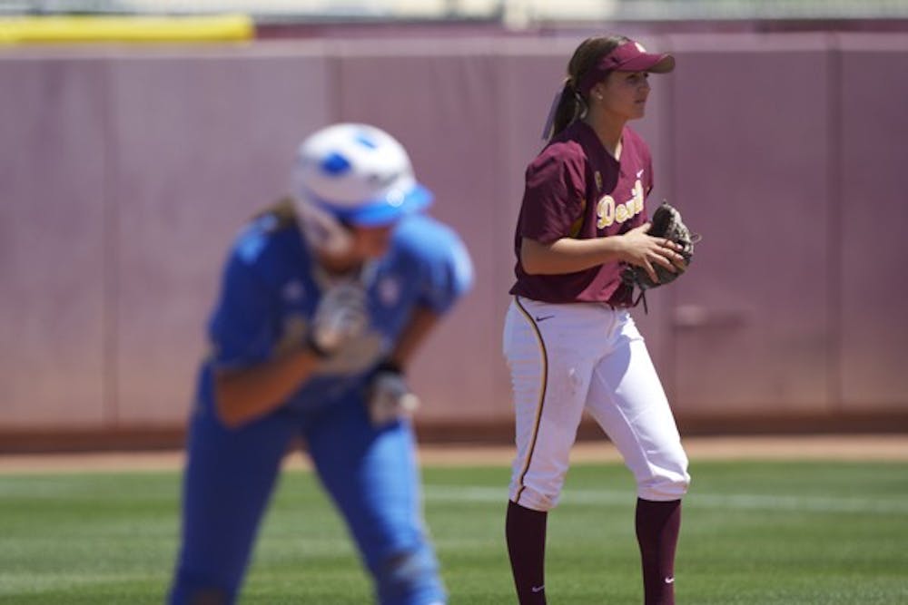 Double Sweep: ASU sophomore Sam Parlich waits for the play to begin against UCLA on April 16 in Tempe. The Sun Devils earned another Pac-10 series sweep after beating the Beavers three straight times in Tempe over the weekend. (Photo by Scott Stuk)