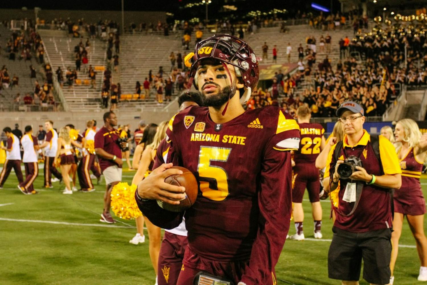 Quarterback Manny Wilkins (5) walks off the field after a football game versus the California Golden Bears in Tempe, Arizona, on Saturday, Sept. 24, 2016.