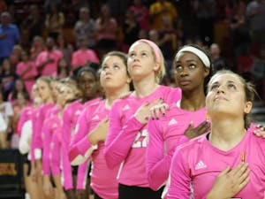 The ASU Women's Volleyball team wore pink to support breast cancer awareness on October 21, 2016 in Tempe, Ariz.