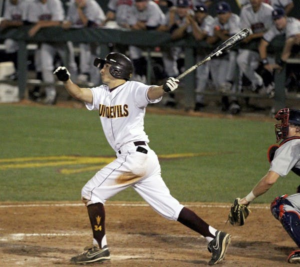James McDonald finishes his swing in a game against UA on April 17. McDonald drove in three runs and was 3-for-4 at the plate in the Sun Devils’ 9–5 loss to the Cardinal on Sunday. (Photo by Sam Rosenbaum)