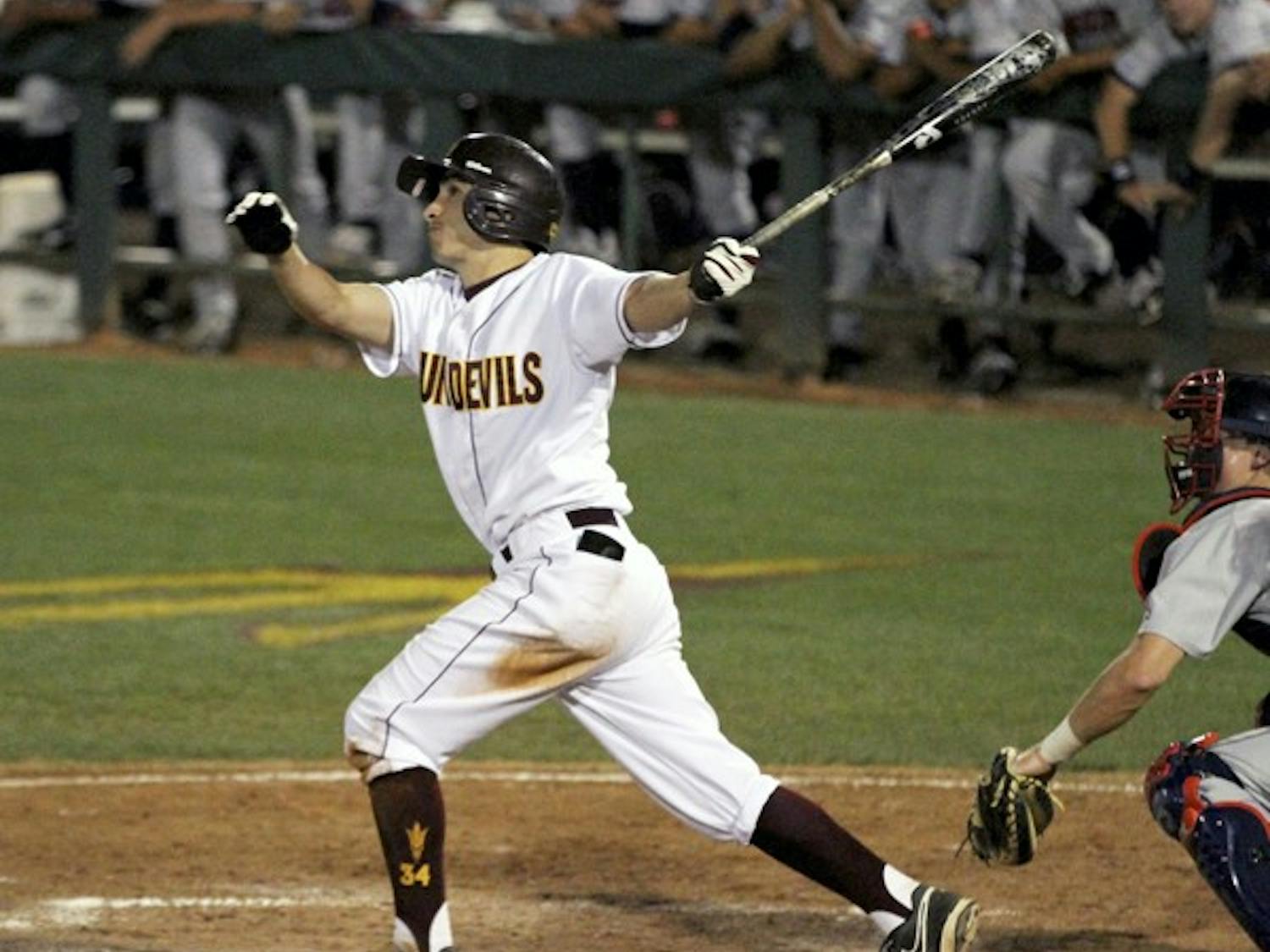 James McDonald finishes his swing in a game against UA on April 17. McDonald drove in three runs and was 3-for-4 at the plate in the Sun Devils’ 9–5 loss to the Cardinal on Sunday. (Photo by Sam Rosenbaum)