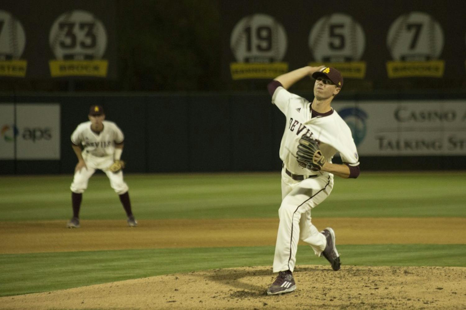 Sophomore Ryan Hingst pitches during ASU's game against the University of Utah at Phoenix Municipal Stadium on Friday, March 25, 2016.&nbsp;Hingst threw a no-hitter and ASU went on defeat Utah&nbsp;5-0.
