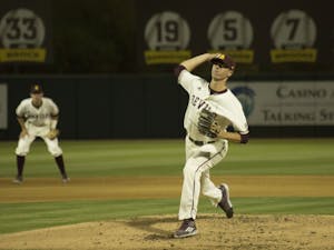 Sophomore Ryan Hingst pitches during ASU's game against the University of Utah at Phoenix Municipal Stadium on Friday, March 25, 2016.&nbsp;Hingst threw a no-hitter and ASU went on defeat Utah&nbsp;5-0.