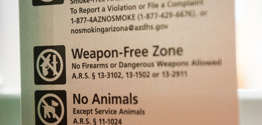 A sign establishing ASU's weapon-free policy is pictured on Thursday, Oct. 15, 2015, on the Downtown campus.