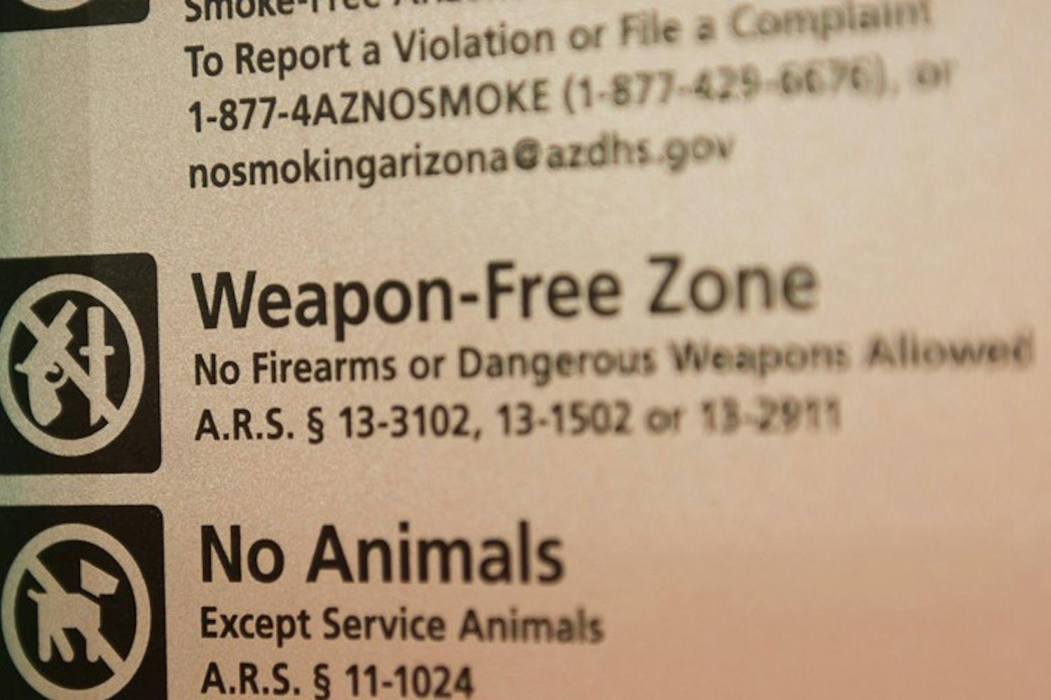A sign establishing ASU's weapon-free policy is pictured on Thursday, Oct. 15, 2015, on the Downtown campus.