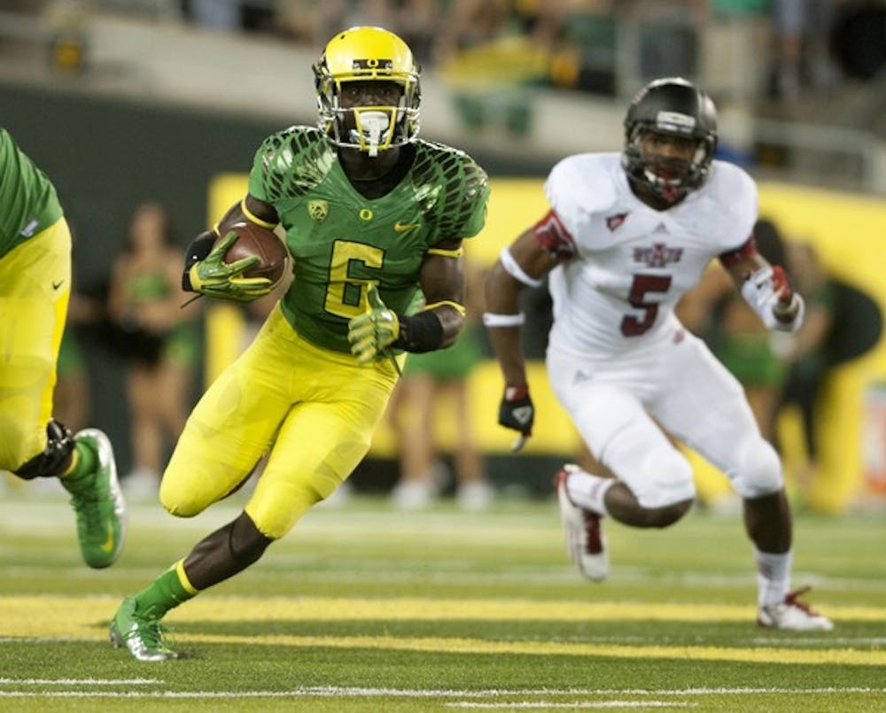 De'Anthony Thomas carried the ball three times for 64 yards and a touchdown during Oregon's 57-35 victory over Arkansas State at Autzen Stadium September 1, 2012. (Alex McDougall/The Emerald)