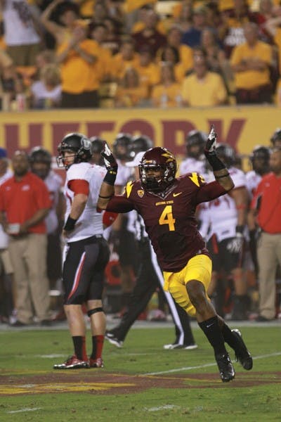 Junior safety Alden Darby (4) celebrates after a play during the Sun Devils’ 37-7 win over Utah on Sept. 22. (Photo by Sam Rosenbaum)