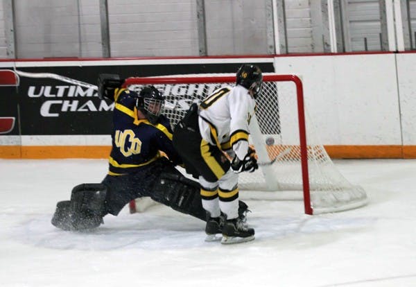 PULLING EVEN: ASU forward David Jantzie scores a backhand goal against Central Oklahoma on Saturday. The Sun Devils avoided a weekend sweep with a 7-3 win on Saturday night. (Photo by Lisa Bartoli)
