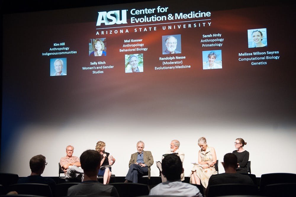 Professors from ASU and other universities discuss the differences between men and women on Wednesday, Aug. 26, 2015, in the Marson Theater in Interdisciplinary Science and Technology Building 4 on the Tempe campus. The professors discussed 'Women After All: Sex, Evolution and the End of Male Supremacy,' a book by anthropology professor Melvin Konner.