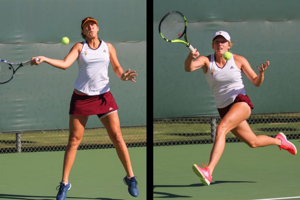 Junior Nicole Fossa Huergo (left) and Junior&nbsp;Kelley Anderson (right)&nbsp;compete in the Singles Main Draw at the 2016 ASU Thunderbird Invitational in Tempe, Arizona&nbsp;on&nbsp;Nov. 5, 2016.