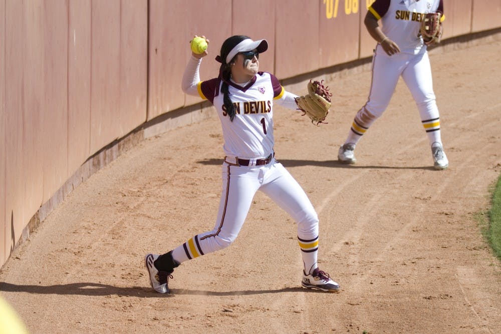 ASU sophomore outfielder Skylar Mccarty (1) throws the ball back into the infield during game one of a three game softball series versus the Oregon State Beavers at Alberta B. Farrington Softball Stadium in Tempe, Arizona on Saturday, March 25, 2017. ASU won 8-0.