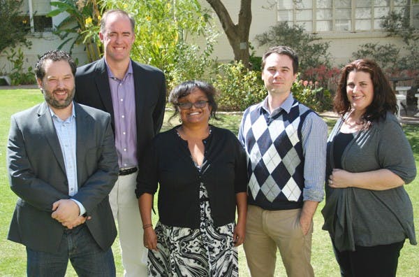 THE SOCIAL NETWORK: Michael Green, Scott Ruston, Bambi Haggins, Joshua Green and Alice Daer spoke Friday afternoon about the effects of online usage in a social media conference at the ASU Tempe campus. (Photo by Lisa Bartoli)