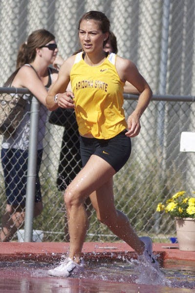 KEEPING PACE: ASU senior distance runner Chelsea Caloia runs the steeplechase during the Sun Angel Track Classic last weekend. The Sun Devils will hit the road for the first time this outdoor season for the Mt. Sac Relays. (Photo by Scott Stuk)