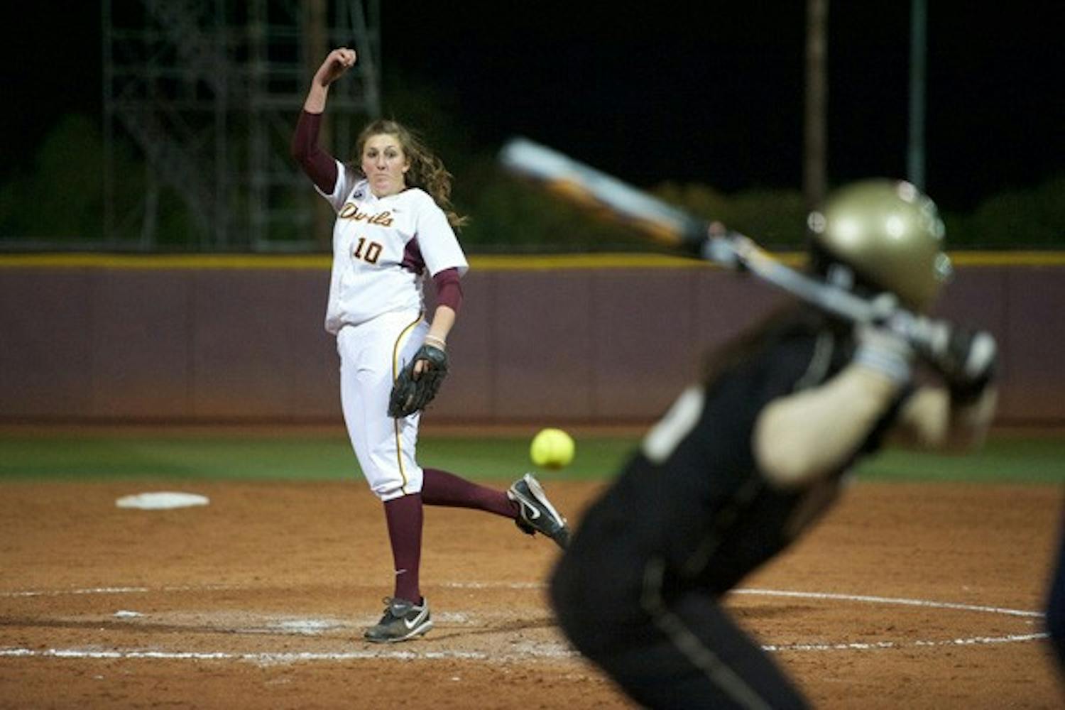 Underway: ASU junior pitcher Hillary Bach unloads a pitch against Western Michigan Thursday night. Bach pitched a scoreless inning in a 17-0 rout of the Mustangs. (Photo by Michael Arellano)