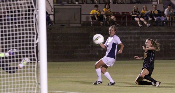 PERFECT START: Freshman forward/midfielder Sarah Van Horne watches her goal in the 75th minute of Saturday’s 7-0 blowout victory over NAU.  The Sun Devils tied a school record for goals scored during the game. (Photo by Elijah Grasser)