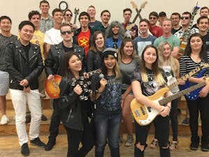 Students in the ASU Rock Band class pose for a flyer announcing an upcoming concert. The end-of-semester show will include both old and new styles of rock.