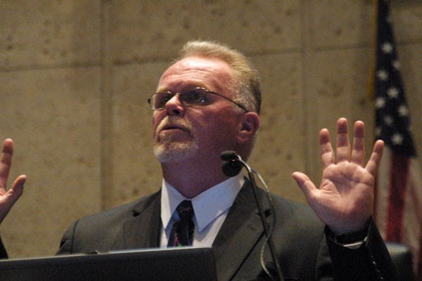 DNA SET ME FREE: Kirk Bloodsworth, the capital defendant to be exonerated through the use of DNA testing, discusses his life in the prison system at Armstrong Hall Thursday night. (Photo by Serwaa Adu-Tutu)