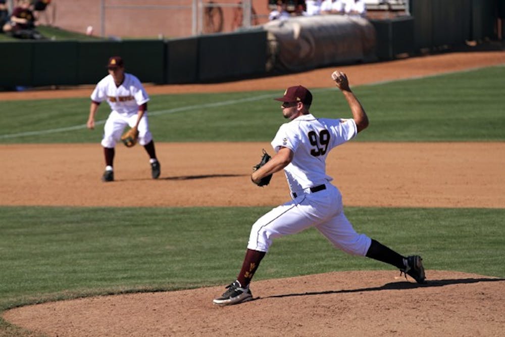 Jake Barrett throws a pitch in a game against Oregon State on April 7. Barrett recorded his fourth save of the season as the Sun Devils swept the Beavers. (Photo by Sam Rosenbaum)