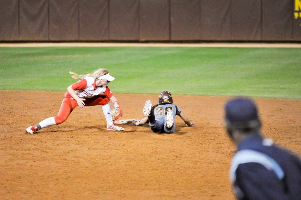 Freshman infielder Taylor Becerra steals second base against Houston on Friday, February 26, 2016 at Farrington Stadium in Tempe.