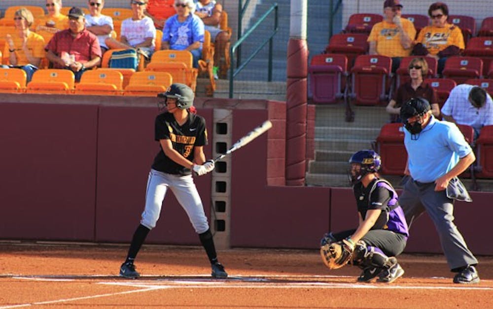 Junior outfielder Alix Johnson takes a couple practice swings against East Carolina on March 2. Johnson busted out of her slump with four hits against East Carolina and helped the ASU softball team sweep the competition Saturday. (Photo by Abhiram Chandrashekar)