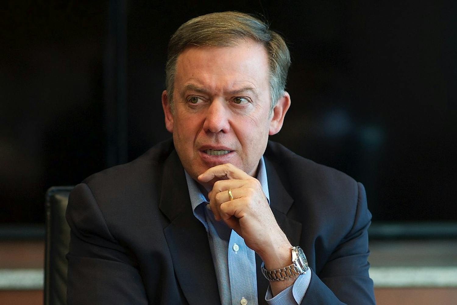 ASU President Michael Crow meets with The State Press editorial board on Friday, April 3, 2015 at the Fulton Center in Tempe. (Ben Moffat/The State Press)