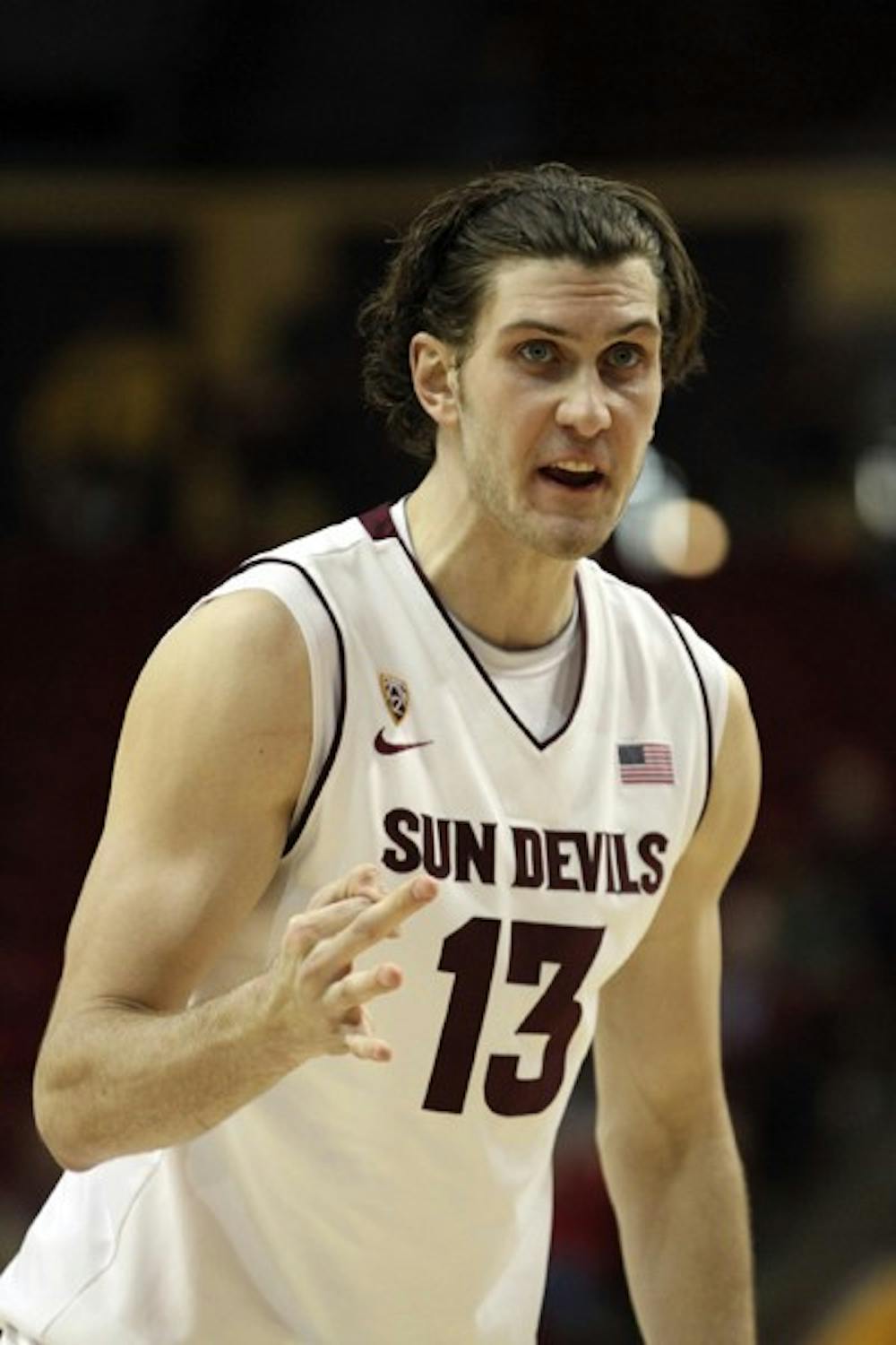 Jordan Bachynski looks to the sideline in a game against Utah on Thursday. Bachynski recorded his first career double-double with 11 points and 12 rebounds. (Photo by Sam Rosenbaum)