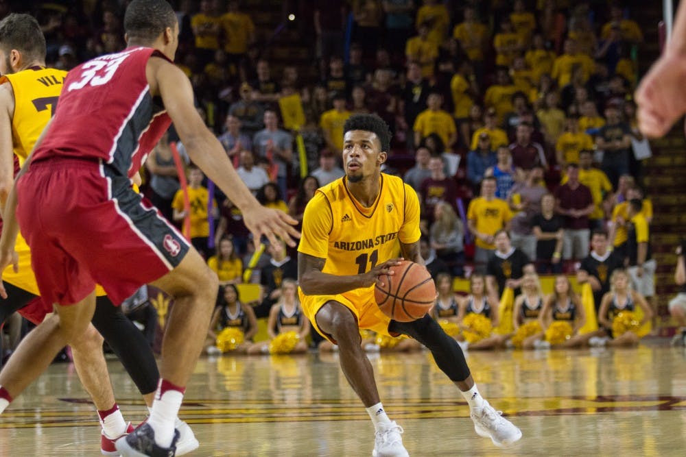 ASU junior guard, Shannon Evans II, looks to shoot during a men's basketball game versus the University of Stanford Cardinal in Wells Fargo Arena in Tempe, Arizona on Saturday, Feb. 11, 2017. ASU won 75-69.