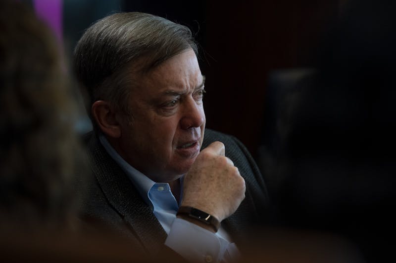 ASU President Michael Crow meets with The State Press editorial board on Wednesday, March 4, 2020, at the Fulton Center on the Tempe campus.