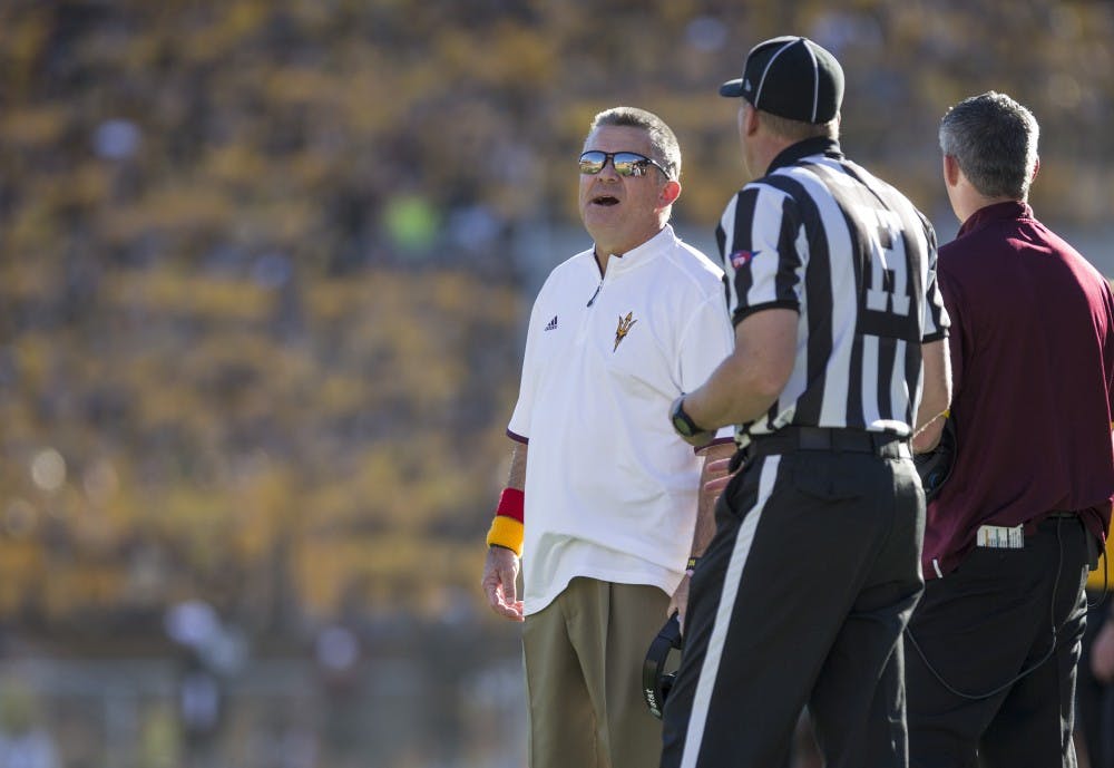 ASU head coach Todd Graham calls a timeout during a game at Sun Devil Stadium in Tempe, Ariz., on Saturday, Nov. 21, 2015. The ASU Sun Devils led the UA Wildcats 31-10 at halftime. 
