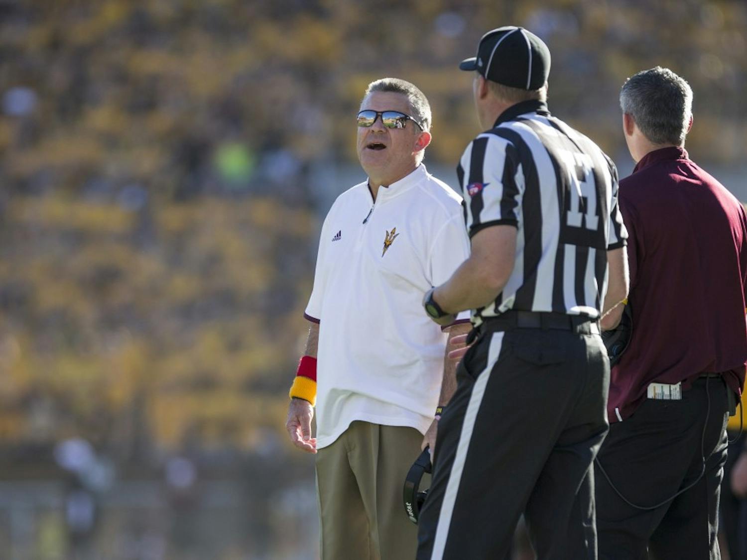 ASU head coach Todd Graham calls a timeout during a game at Sun Devil Stadium in Tempe, Ariz., on Saturday, Nov. 21, 2015. The ASU Sun Devils led the UA Wildcats 31-10 at halftime. 