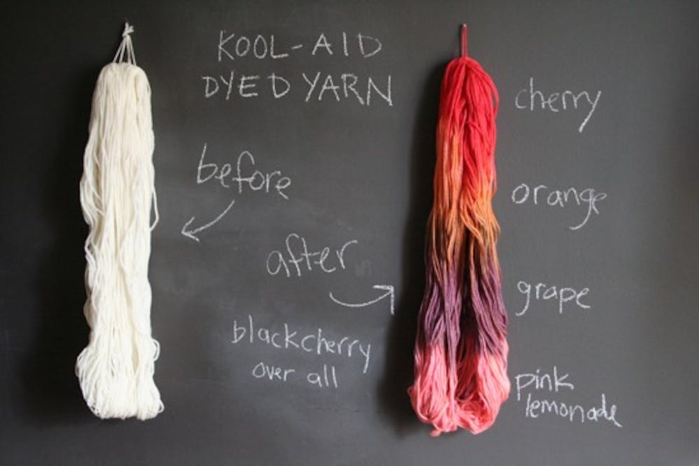 Yarn dyed with Kool-aid. Photo from Miss Make.