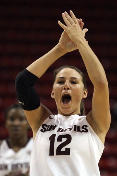 Alex Earl cheers on her teammates in a game against Washington State on Feb. 18. Earl played her last home game at Wells Fargo Arena, but is looking forward to closing the season strong and reaching the NCAA tournament. (Photo by Sam Rosenbaum)