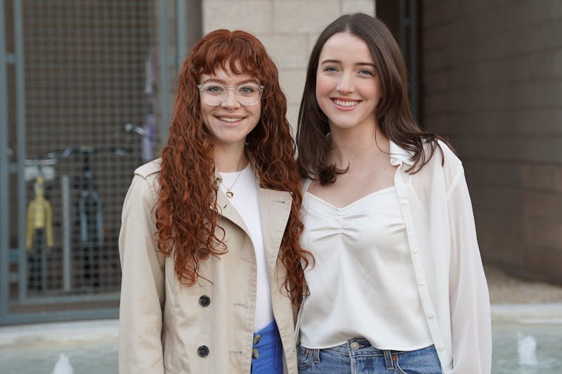 ASU seniors Haley Harelson (left) and Claire Pishko (right) pose for a portrait in front of the Barrett Residential Complex on the Tempe campus. The pair is working on an app to help elderly adults combat isolation.