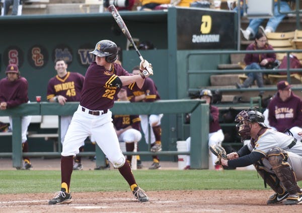 Freshman outfielder Cullen O'Dwyer leans into a swing in the Alumni Game on Feb. 9. The ASU baseball has its toughest road series of the season so far vs. No. 3 Oregon State this weekend. (Photo by Molly J. Smith)