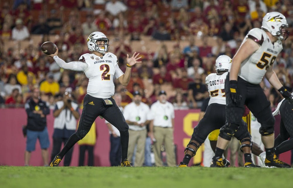 ASU Sun Devils quarterback Brady White (2) throws the ball during a game against the USC Trojans in the Los Angeles Memorial Coliseum on Saturday, Oct. 1, 2016. 