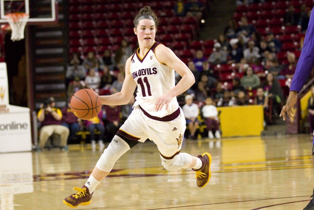 ASU freshman guard Robbi Ryan (11) looks to drive towards the basket during a women's basketball game versus no. 8 Washington in Wells Fargo Arena in Tempe, Arizona on Sunday, Jan. 15, 2017. ASU lost 65-54, putting them at 13-4 on the season.