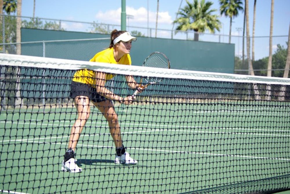 In the groove: ASU senior Ashlee Brown waits for the serve during doubles play against UC Irvine on Tuesday afternoon. The Sun Devils swept the Anteaters 7-0 for their third straight victory. (Photo by Nathan Meacham)
