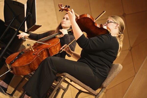 CENTER STAGE: Isadore Triankle and Michelle Kesler play "K'vakarat," a composition written by Osvaldo Golijoy during the Celebration of Women in Music at ASU's Katzin Concert Hall  on Friday. (Photo by Sam Rosenbaum)