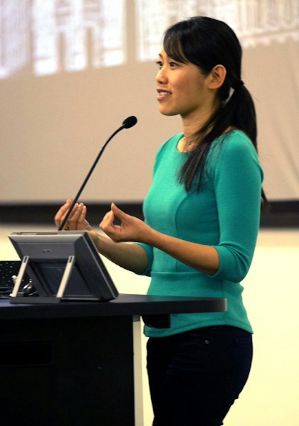 Jane Chen speaks about her project, Embrace, that helps keep prematurely born infants with a low cost warmer. Chen was a special speaker at the Changemaker spring lecture and innovation challenge.  (Photo by Dominic Valente)