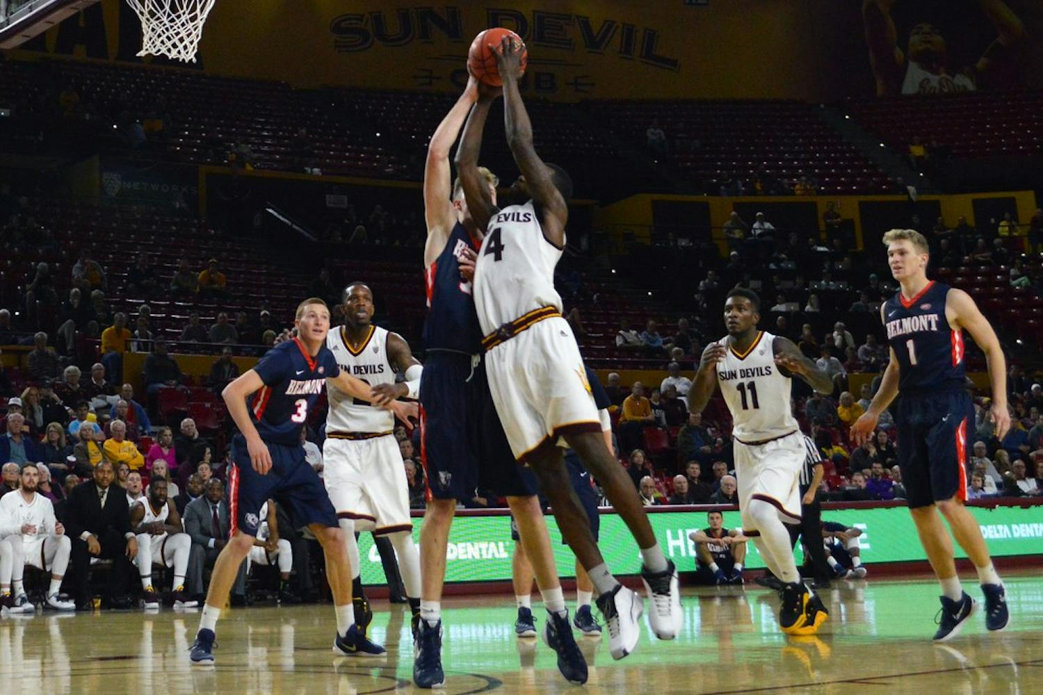 Senior guard Gerry Blakes drives to the basket against Belmont on Monday, Nov. 16, 2015, at Wells Fargo Arena in Tempe. The Sun Devils defeated the Bruins 83-74.