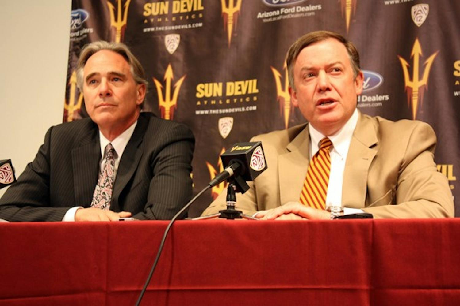 ASU president Michael Crow announced at a press conference Wednesday morning in Tempe that  Steve Patterson will be replacing Lisa Love as the vice president of athletics. (Photo by Shawn Raymundo)