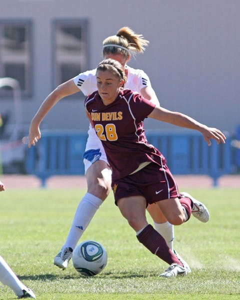 SENDING OFF: Junior midfielder Taylor McCarter winds up for a kick through UCLA defenders during the Bruins’ 2-0 win over the Sun Devils. ASU plays its last game of the season against UA on Friday, an event that counts towards the ASU-UA Territorial Cup Series. (Photo courtesy of Steve Rodriguez)