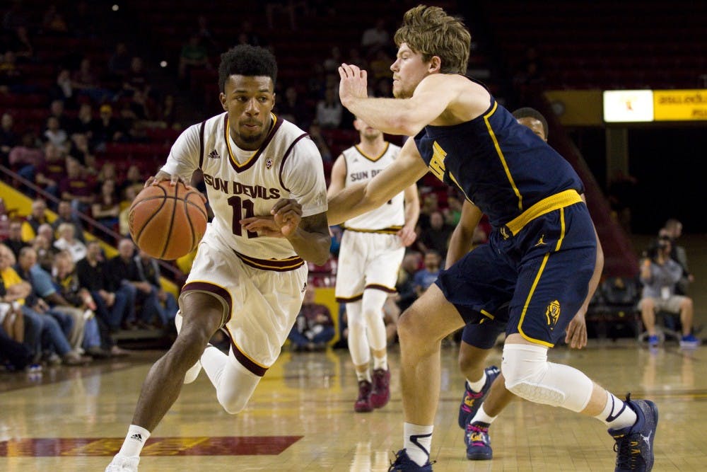 ASU junior guard Shannon Evans II (11) drives towards the basket during a men's basketball game against the University of California Golden Bears in Wells Fargo Arena in Tempe, Arizona, on Wednesday, Feb. 8, 2017. ASU lost the game 68-43. (Josh Orcutt/State Press)