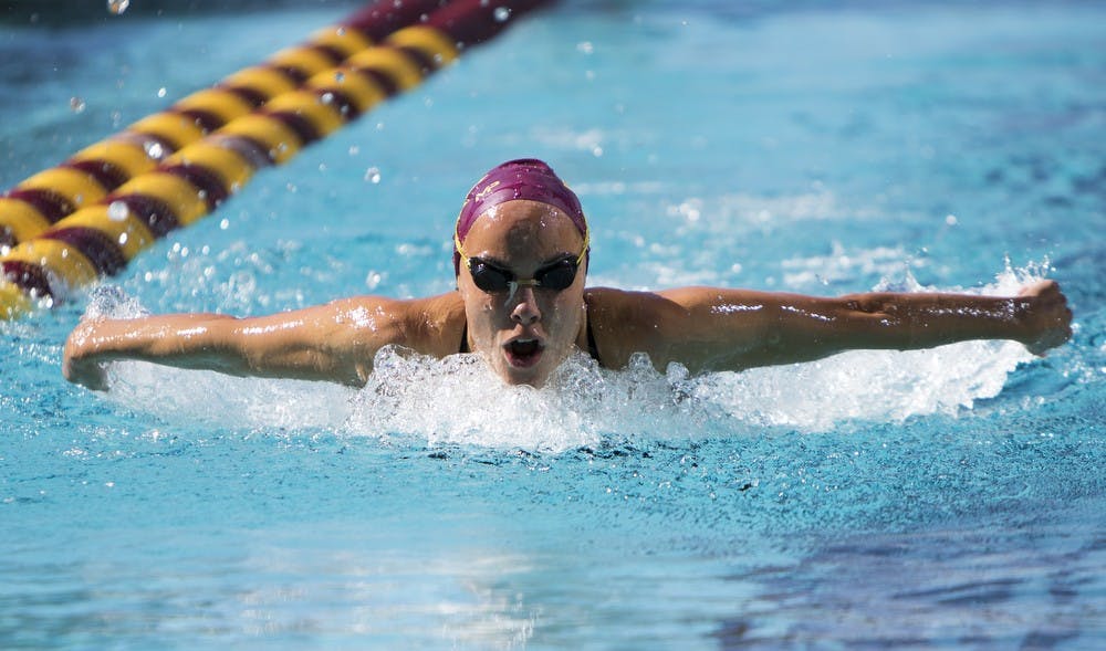 Junior Anna Olasz competes in the 200 yard butterfly against UCLA on Saturday, Nov. 7, 2015, at Mona Plummer Aquatic Center in Tempe. The Bruins defeated the Sun Devils 180-116. 